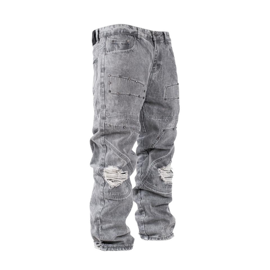 Men’s Grey Utility Distressed Baggy Jeans