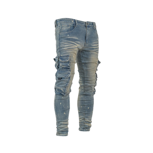 Men's Washed Multi Pocket Denim Cargo Jeans