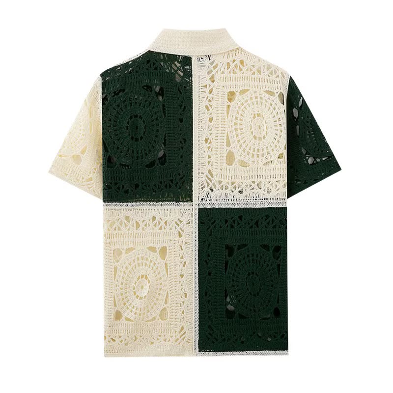Men's Green & Cream Color-Block Crochet Shirt