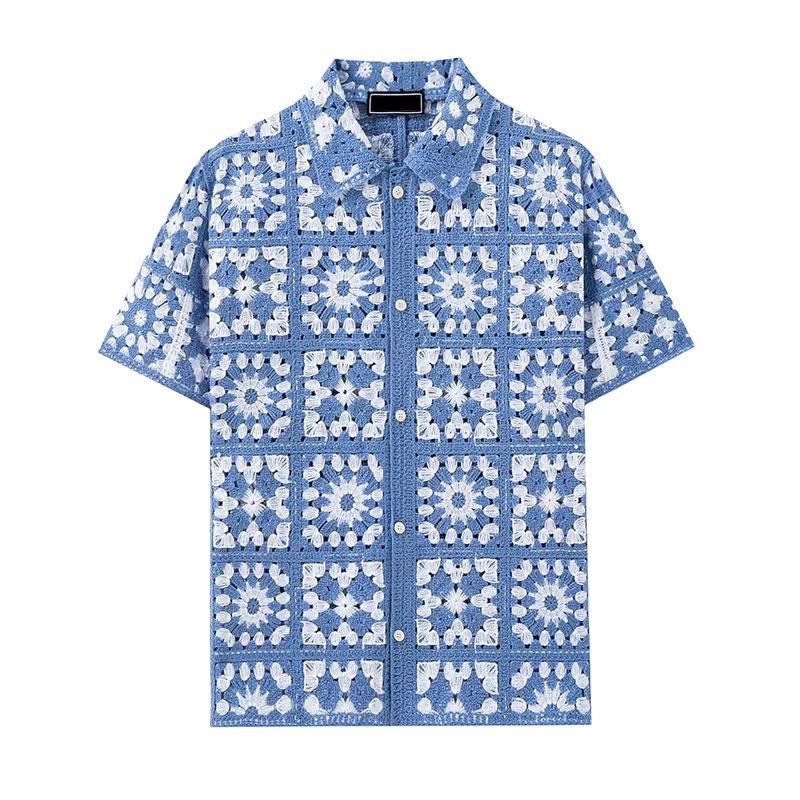 Men's Blue & White Crochet Button-Up Shirt