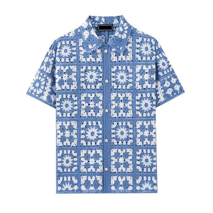 Men's Blue & White Crochet Button-Up Shirt