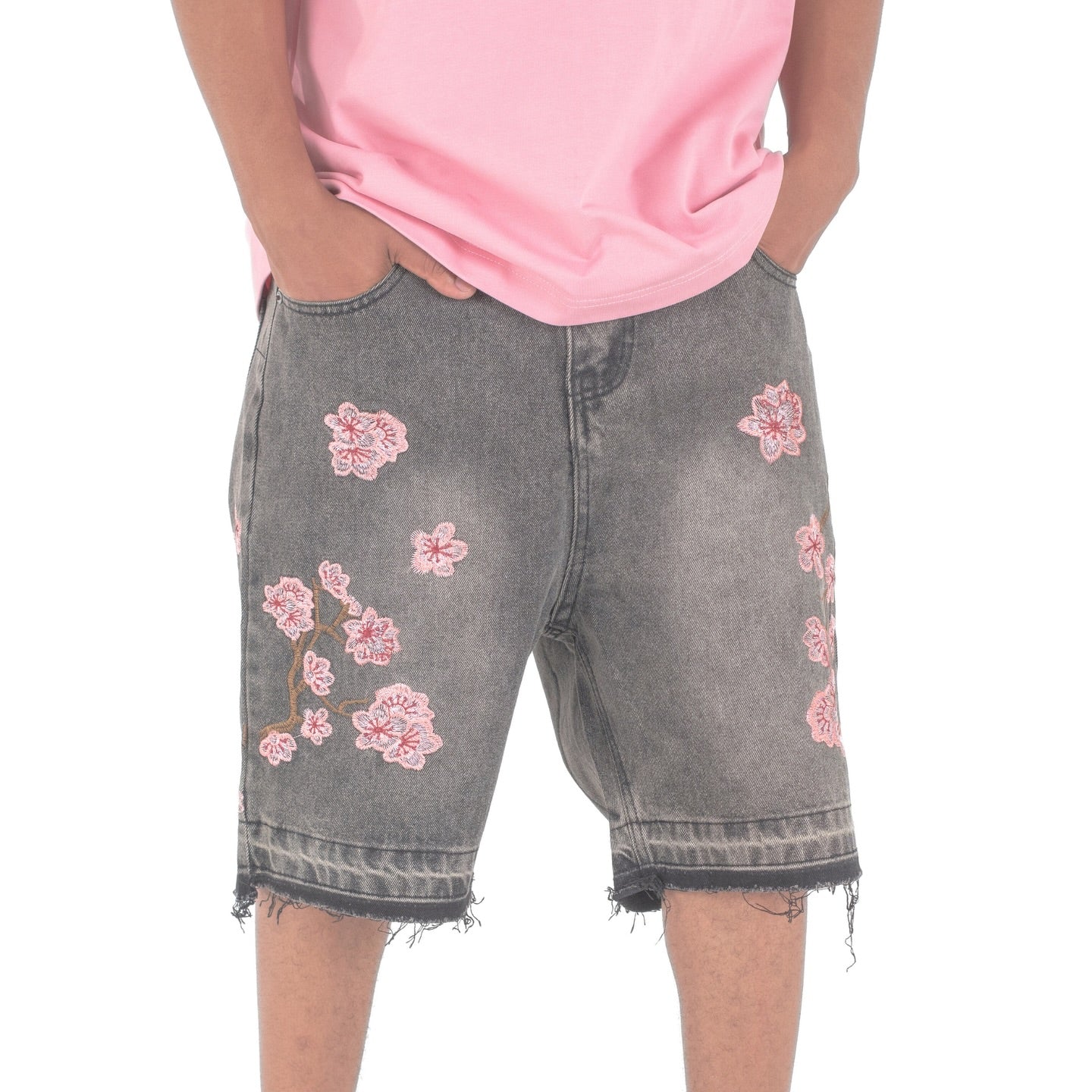 Gray Men's Blossom Stitch Denim Shorts