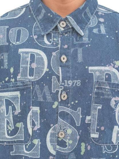 Men's Printed Denim Button-Up Shirt