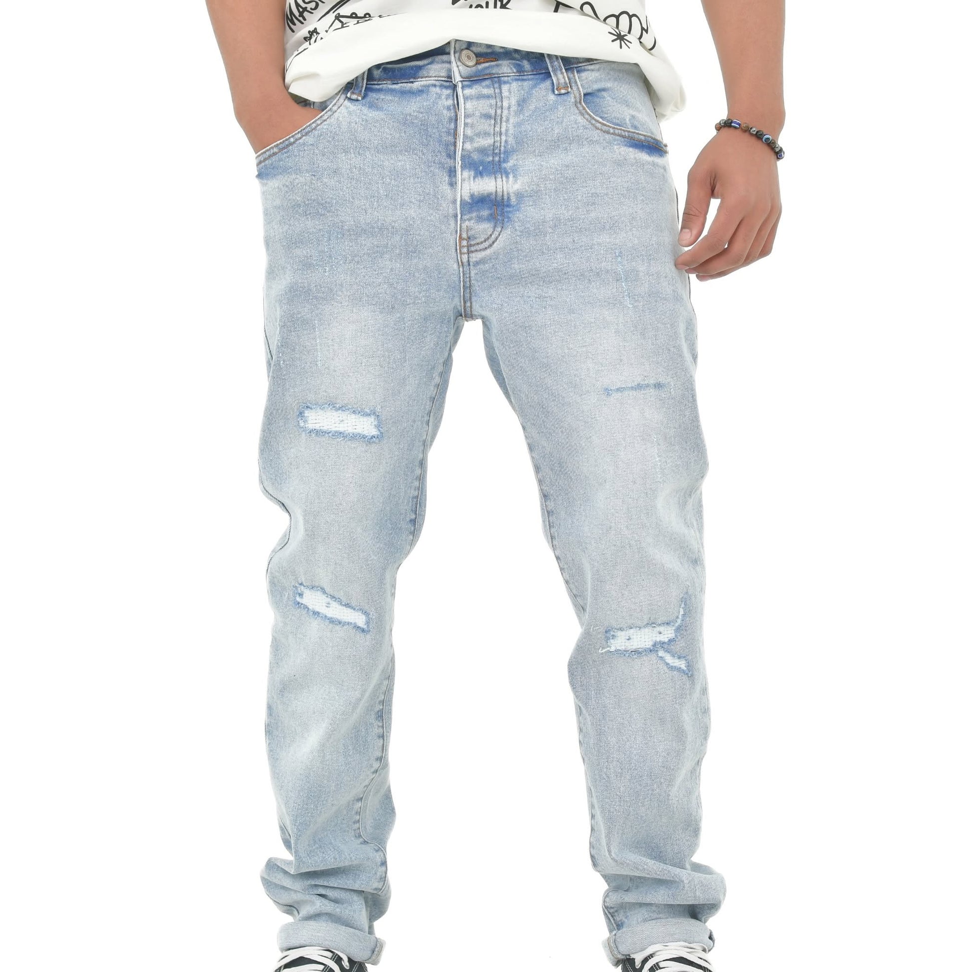 Men’s Light Blue Distressed Slim-Fit Jeans