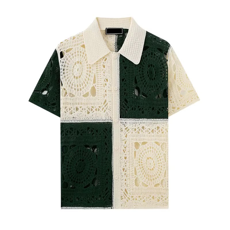 Men's Green & Cream Color-Block Crochet Shirt 