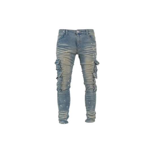 Men's Washed Multi Pocket Denim Cargo Jeans