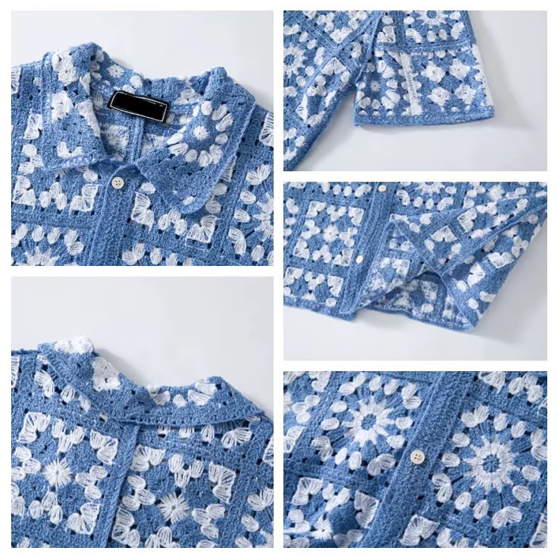 Men's Blue & White Crochet Button-Up Shirt